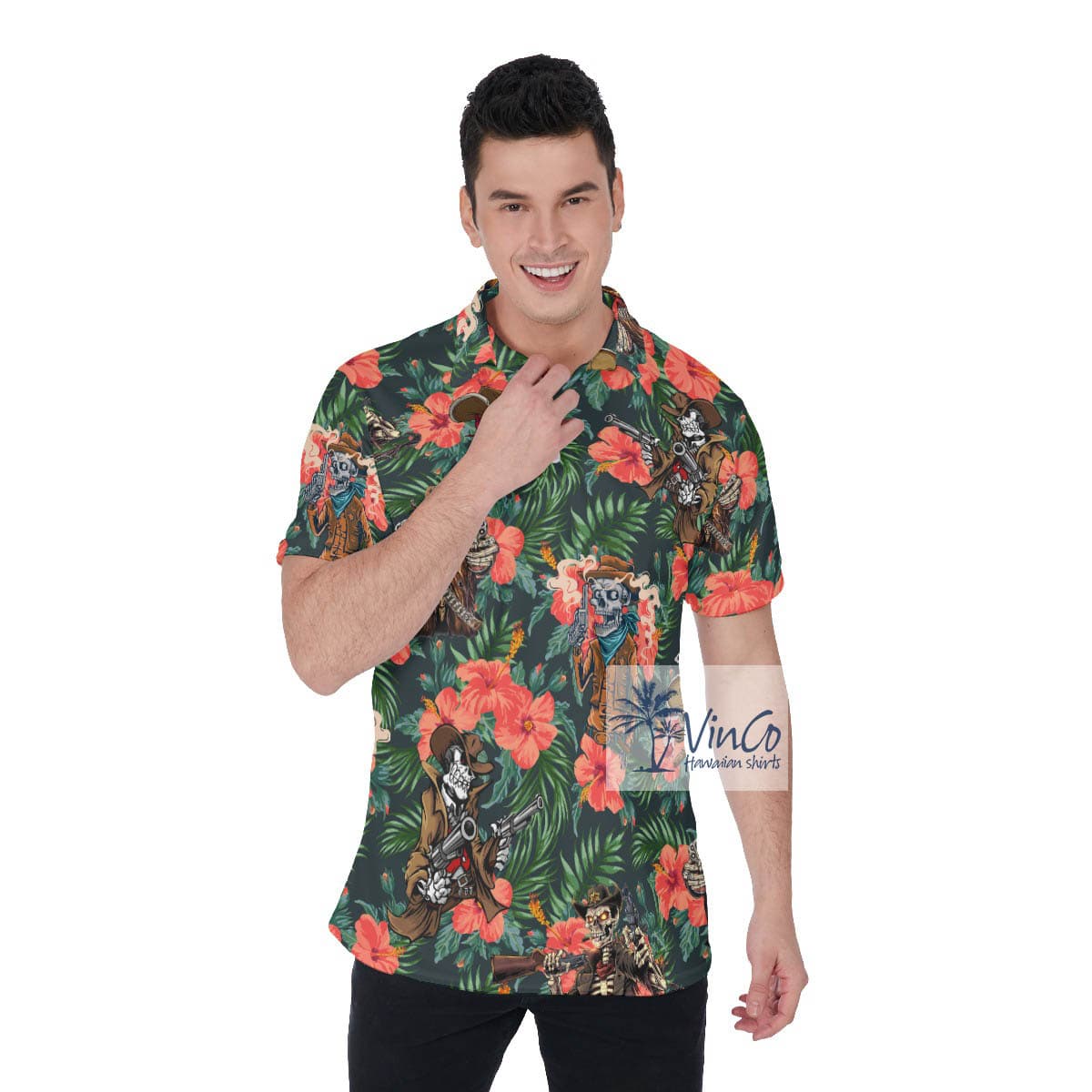 Funny Skeleton Gun Tactical Floral Hawaiian Polo Shirt