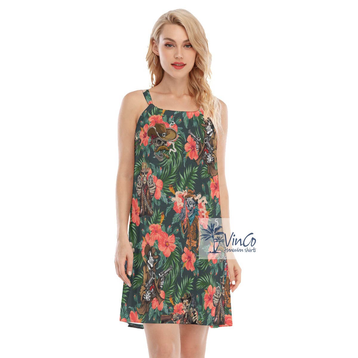 Funny Skeleton With Gun Hibiscus Aloha Cami Dress For Women (2)