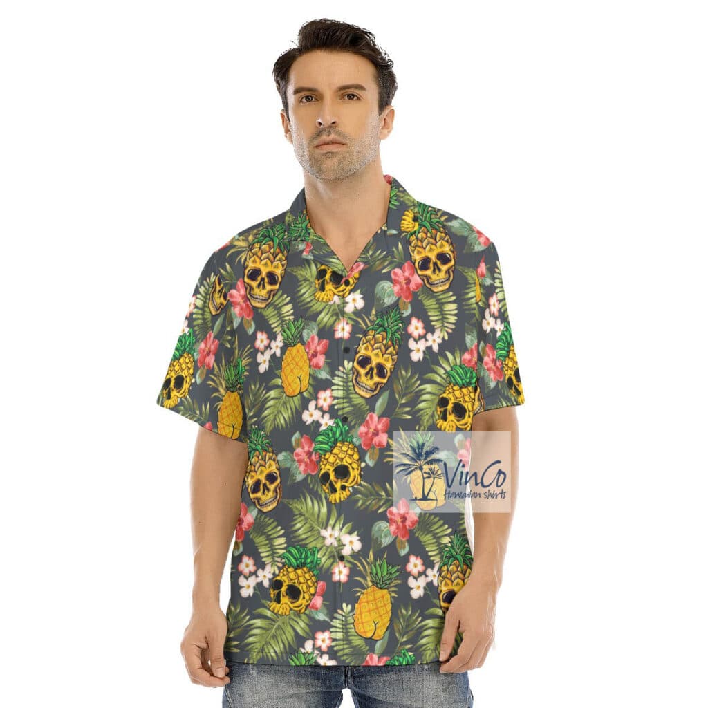 Funny Skull Pineapple Floral Hawaiian Shirt