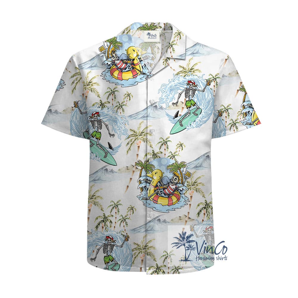 Funny Skull Skeleton Surfing Hawaiian Shirt For Men 100% Cotton (1)
