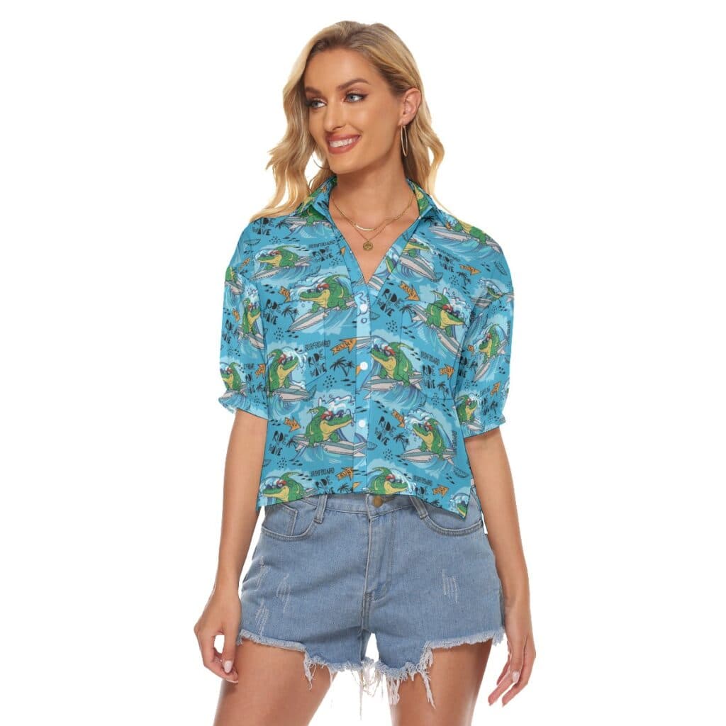 Funny Surfing Crocodiles Aloha V-Neck Shirt For Women