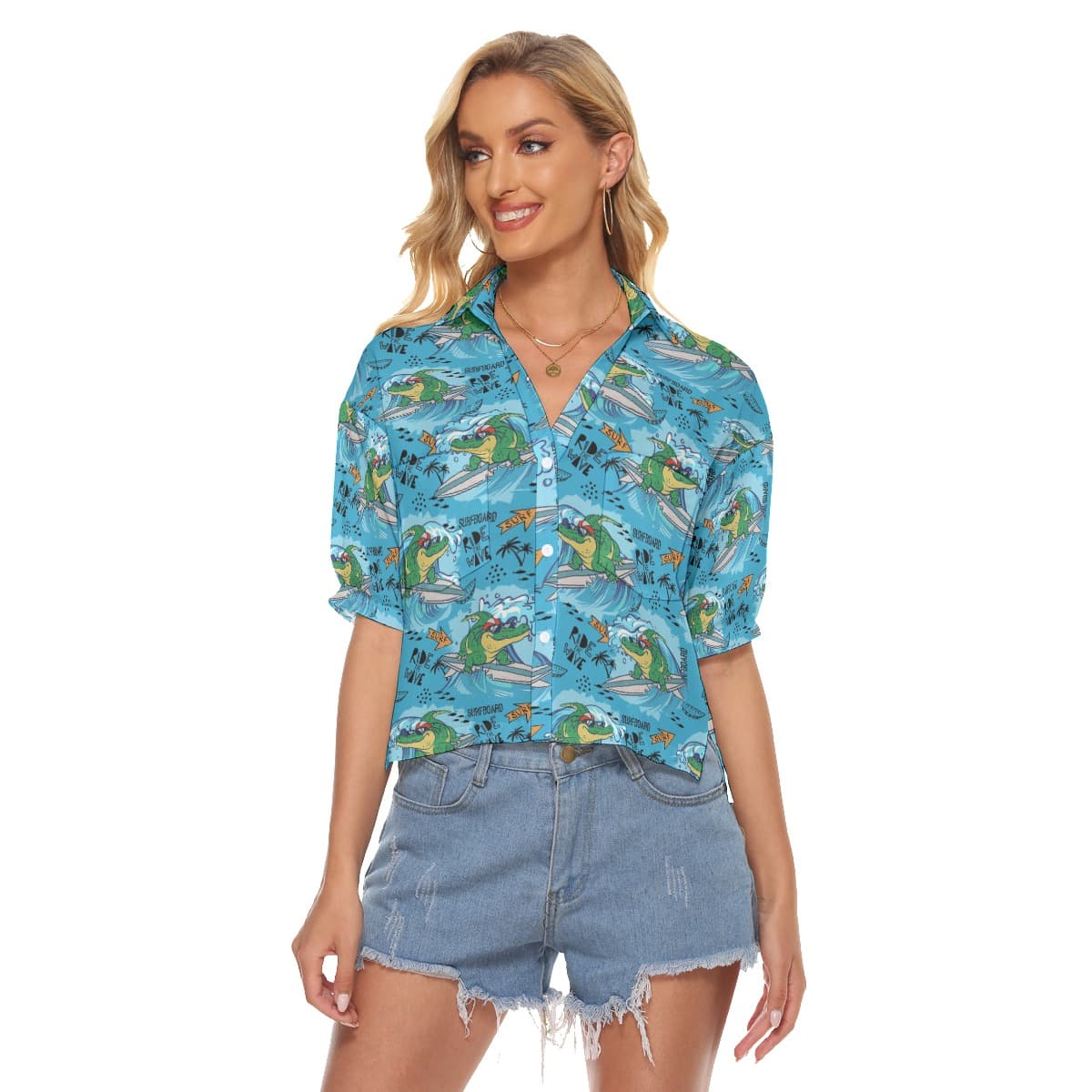 Funny Surfing Crocodiles Aloha V-Neck Shirt For Women
