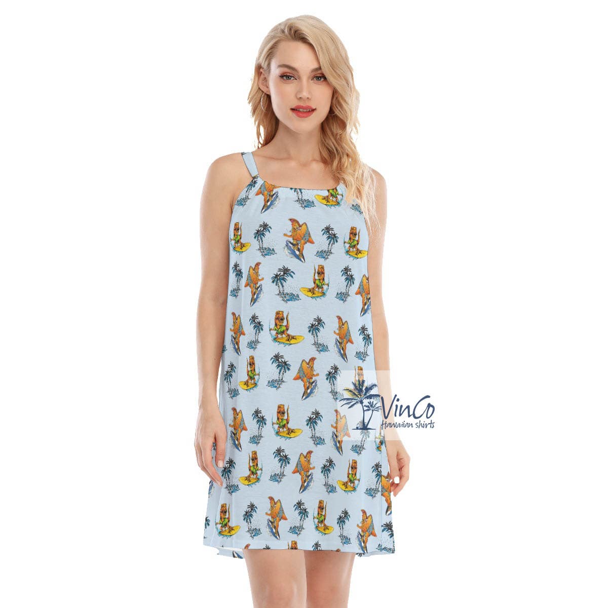 Funny Surfing Dinosaur Tropical Blue Aloha Cami Dress (2)