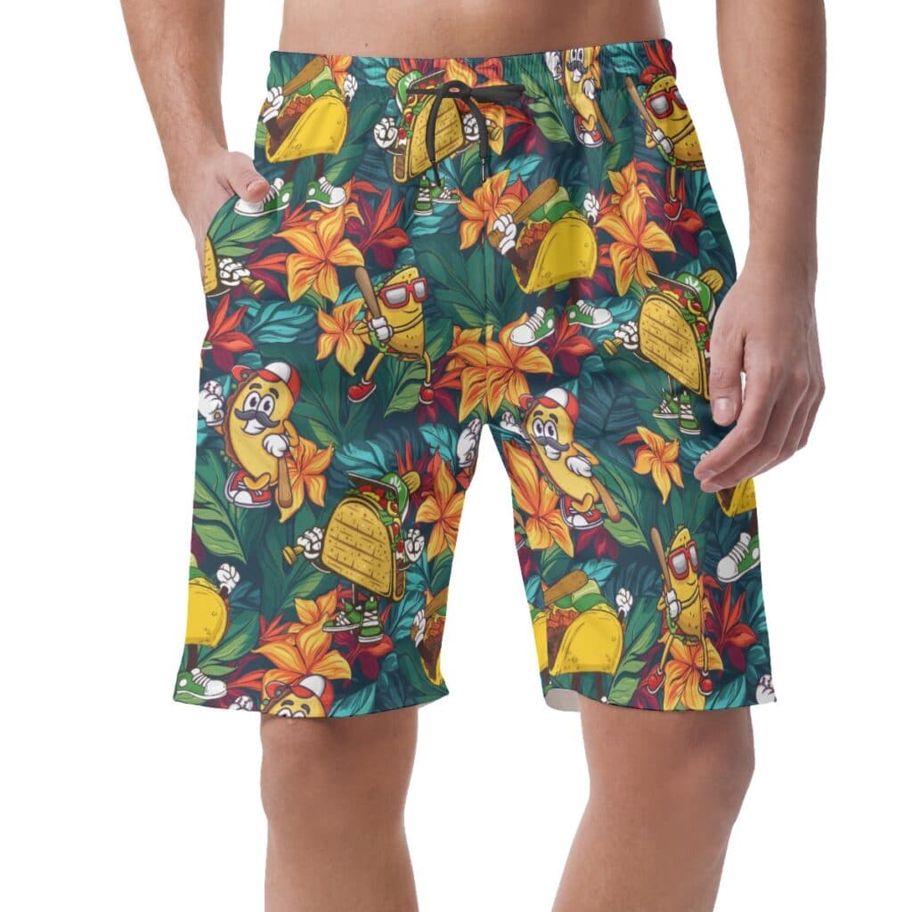 Funny Taco Baseball Floral Hawaiian Beach Shorts For Men