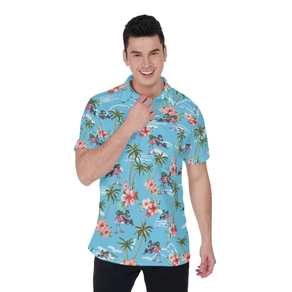 Funny Tactical Flamingo With Gun Tropical Blue Hawaiian Polo Shirt