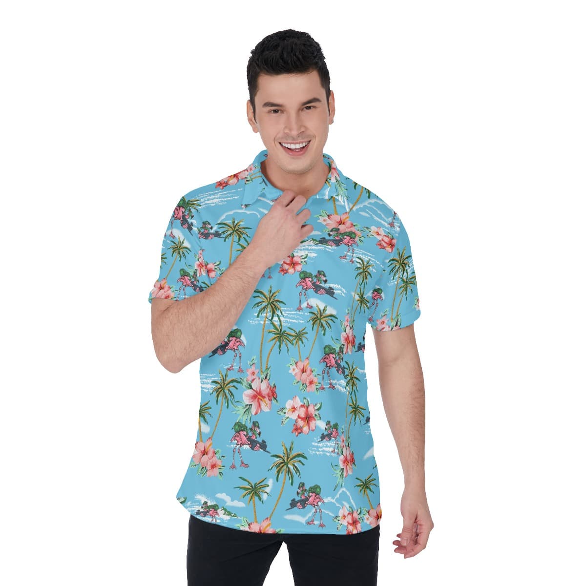 Funny Tactical Flamingo With Gun Tropical Blue Hawaiian Polo Shirt