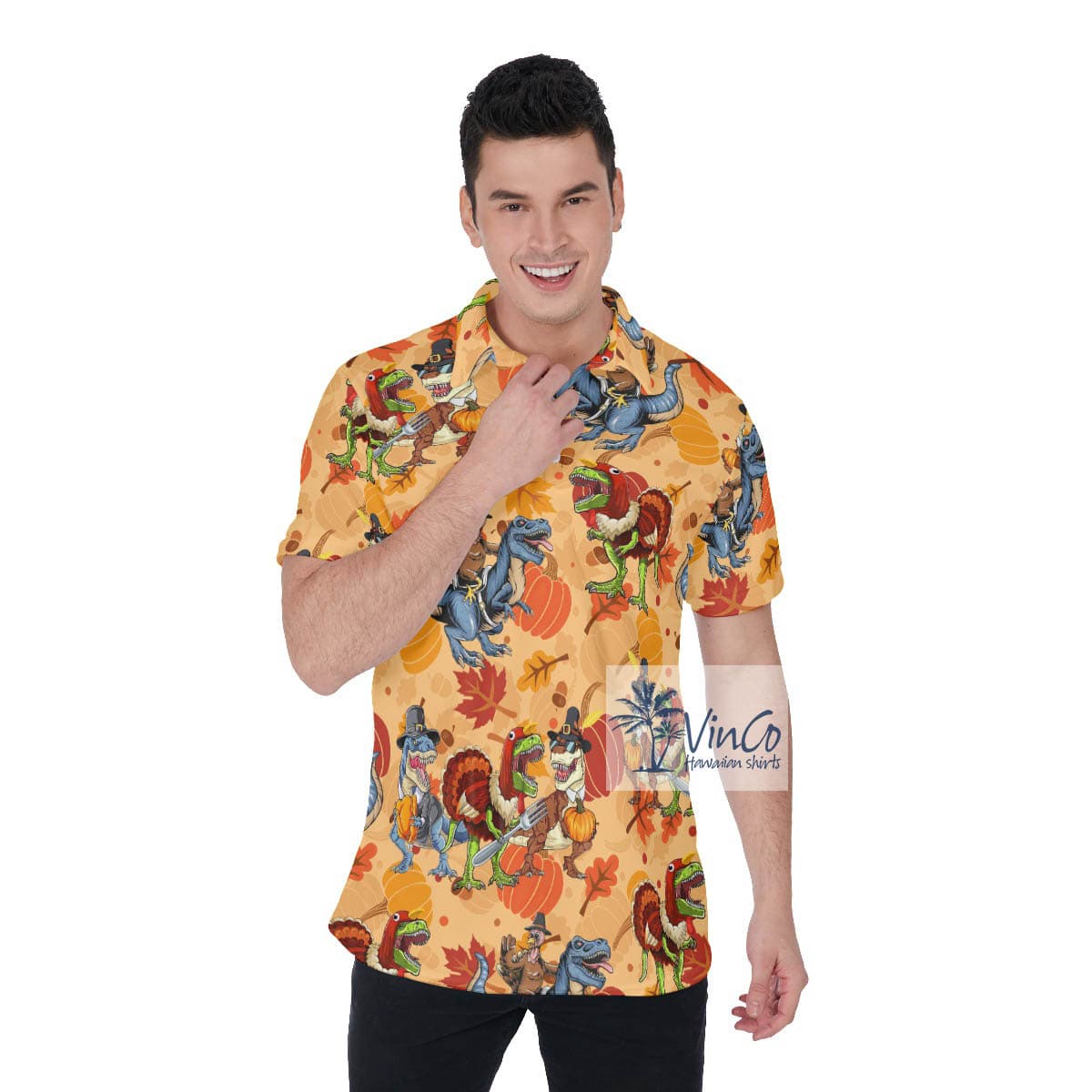 Funny Thanksgiving Dinosaur Hawaiian Polo Shirt