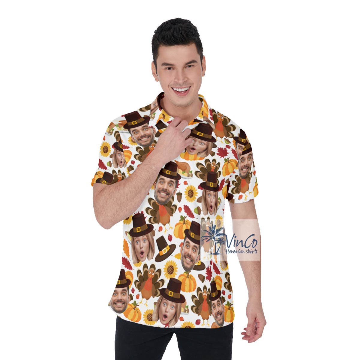 Funny Thanksgiving Turkey Hawaiian Polo Shirt With Custom Couple Faces