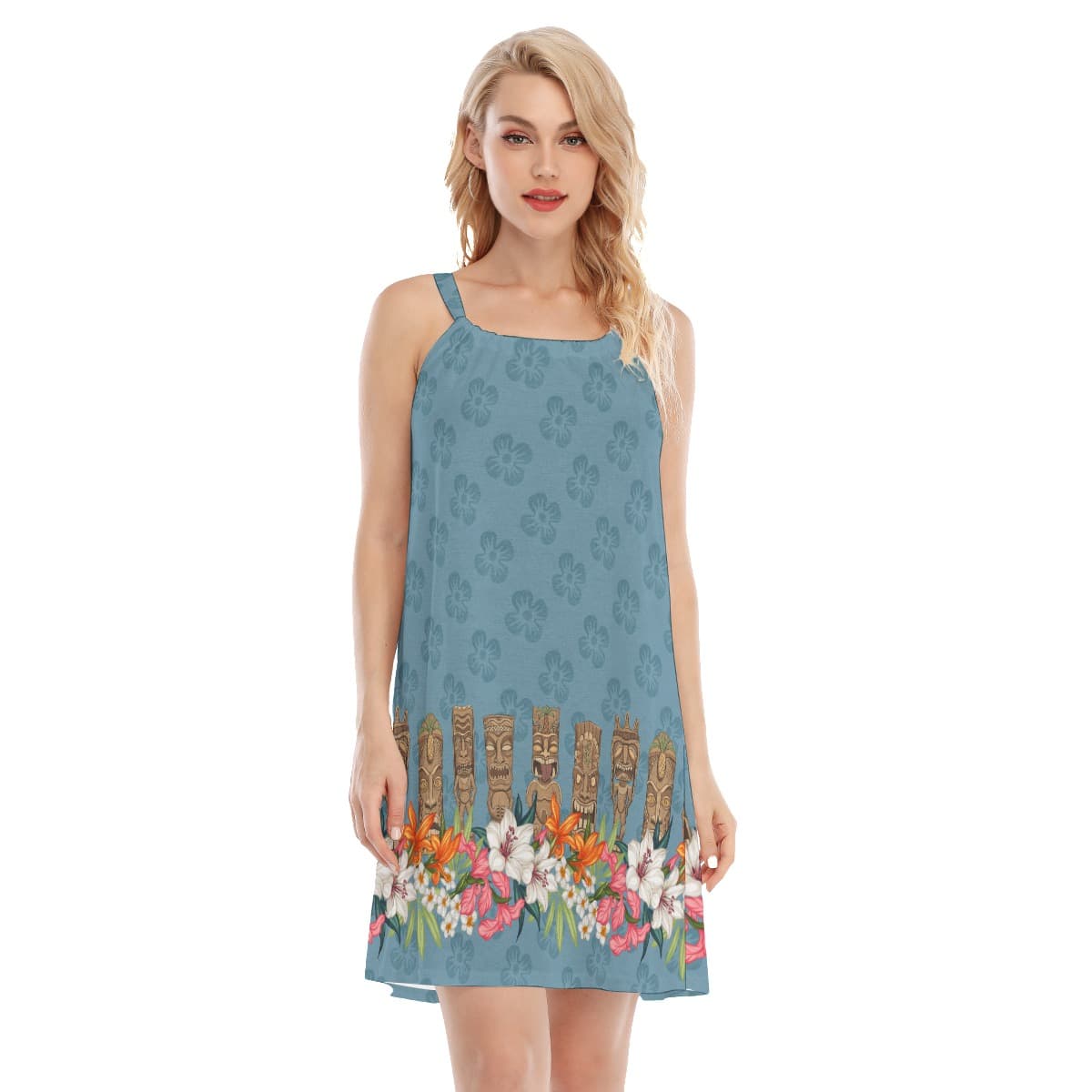 Funny Tiki Floral Vintage Blue Aloha Cami Dress (1)