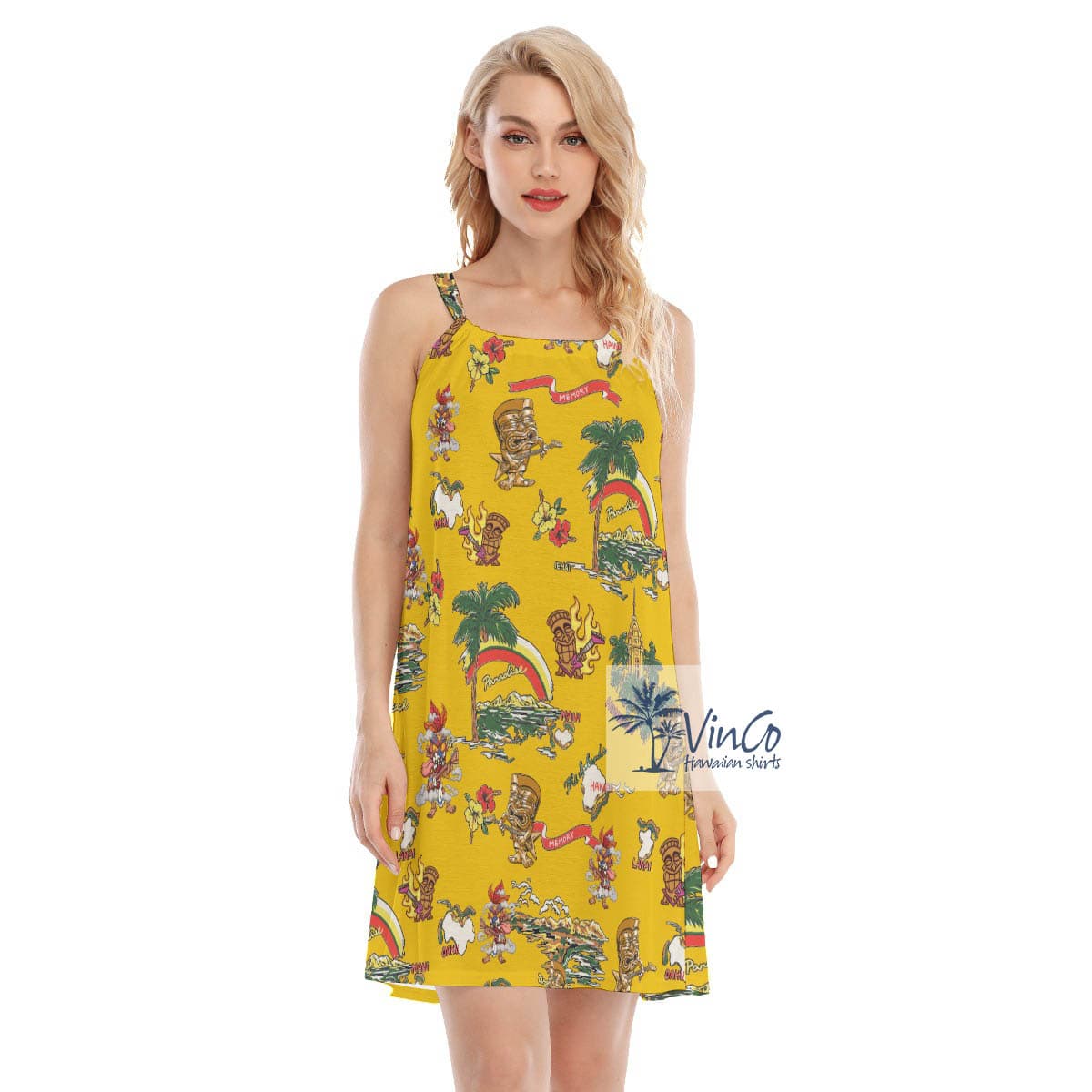 Funny Tiki Guitar Tropical Hibiscus Yellow Hawaiian Cami Dress (4)
