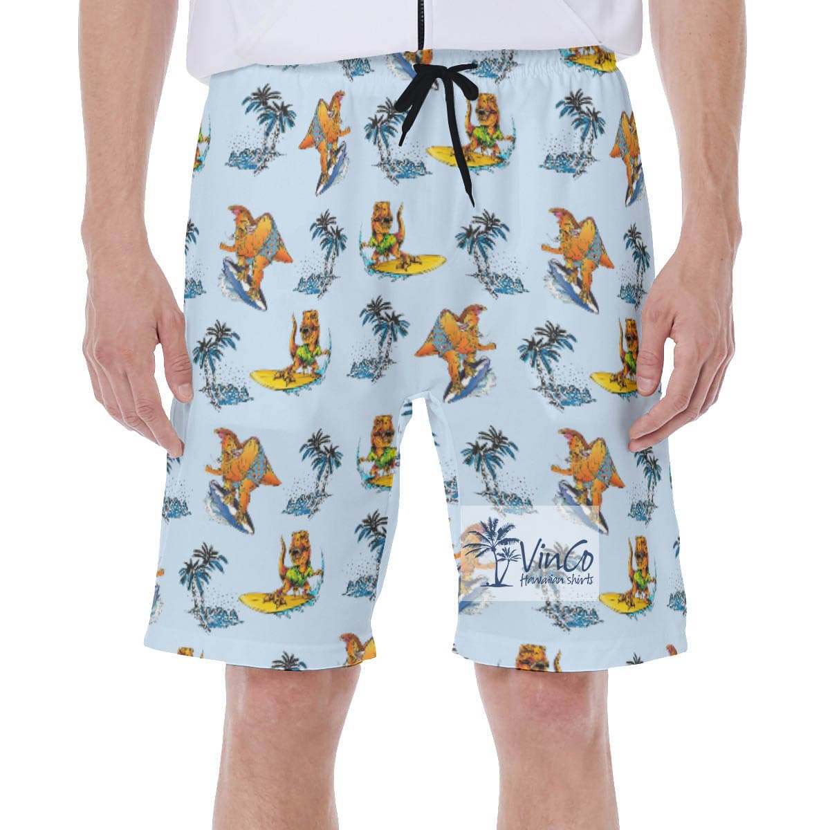 Funny Tropical Dinosaur Surfing Hawaiian Blue Swim Trunks For Men