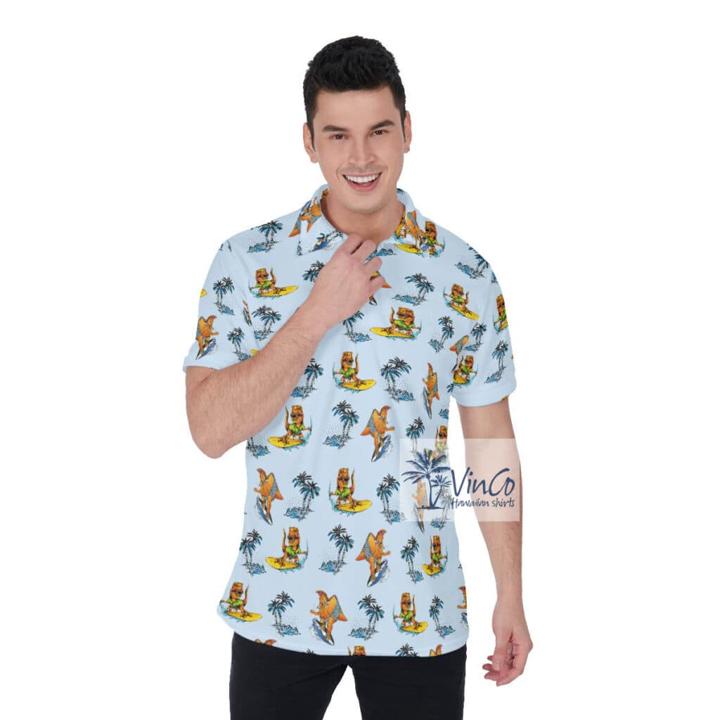 Funny Tropical Dinosaur Surfing Hawaiian Golf Shirt For Men