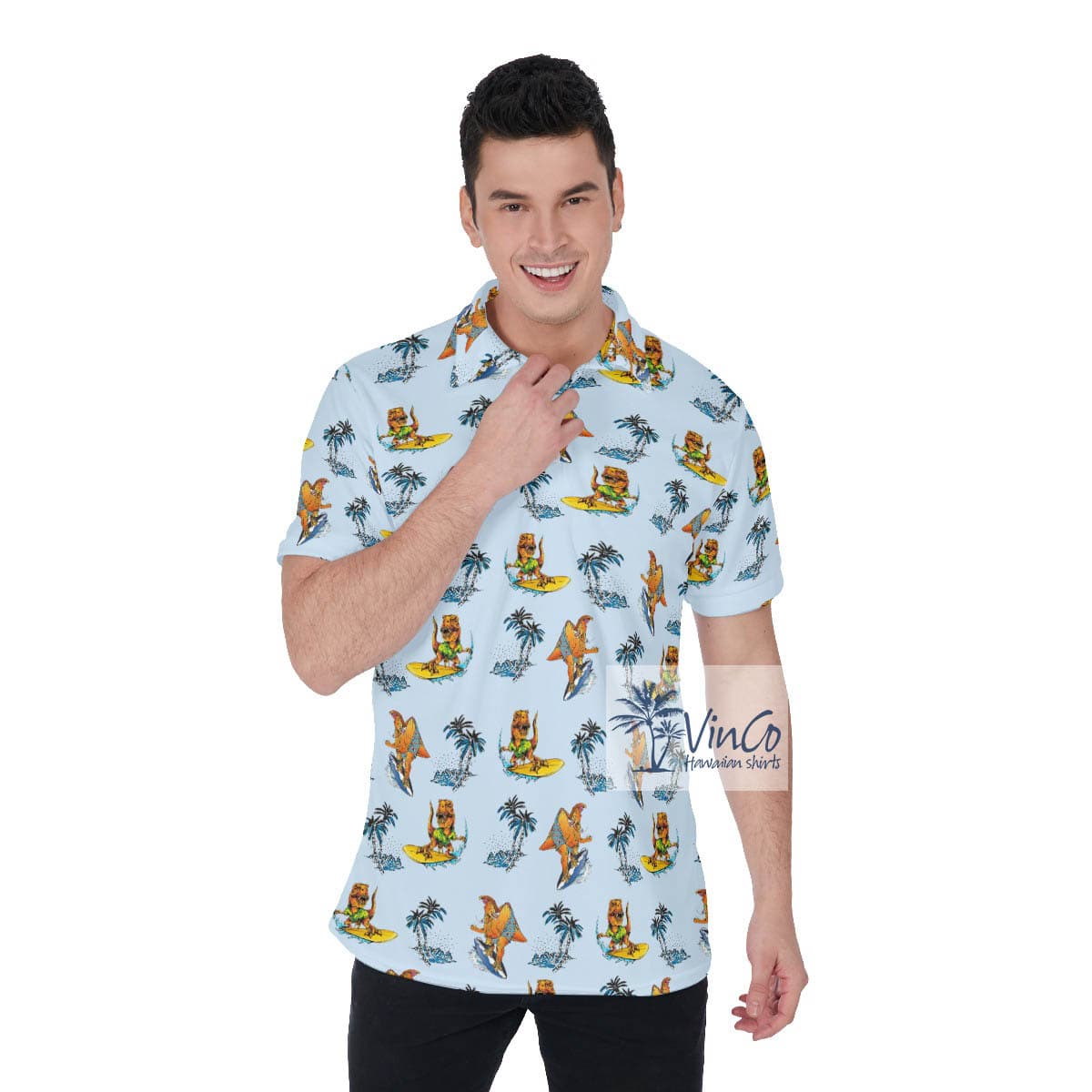 Funny Tropical Dinosaur Surfing Hawaiian Golf Shirt For Men