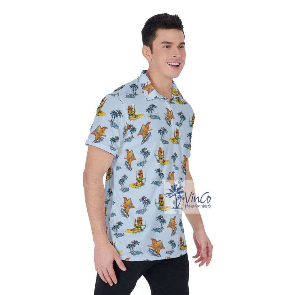 Funny Tropical Dinosaur Surfing Hawaiian Golf Shirt For Men