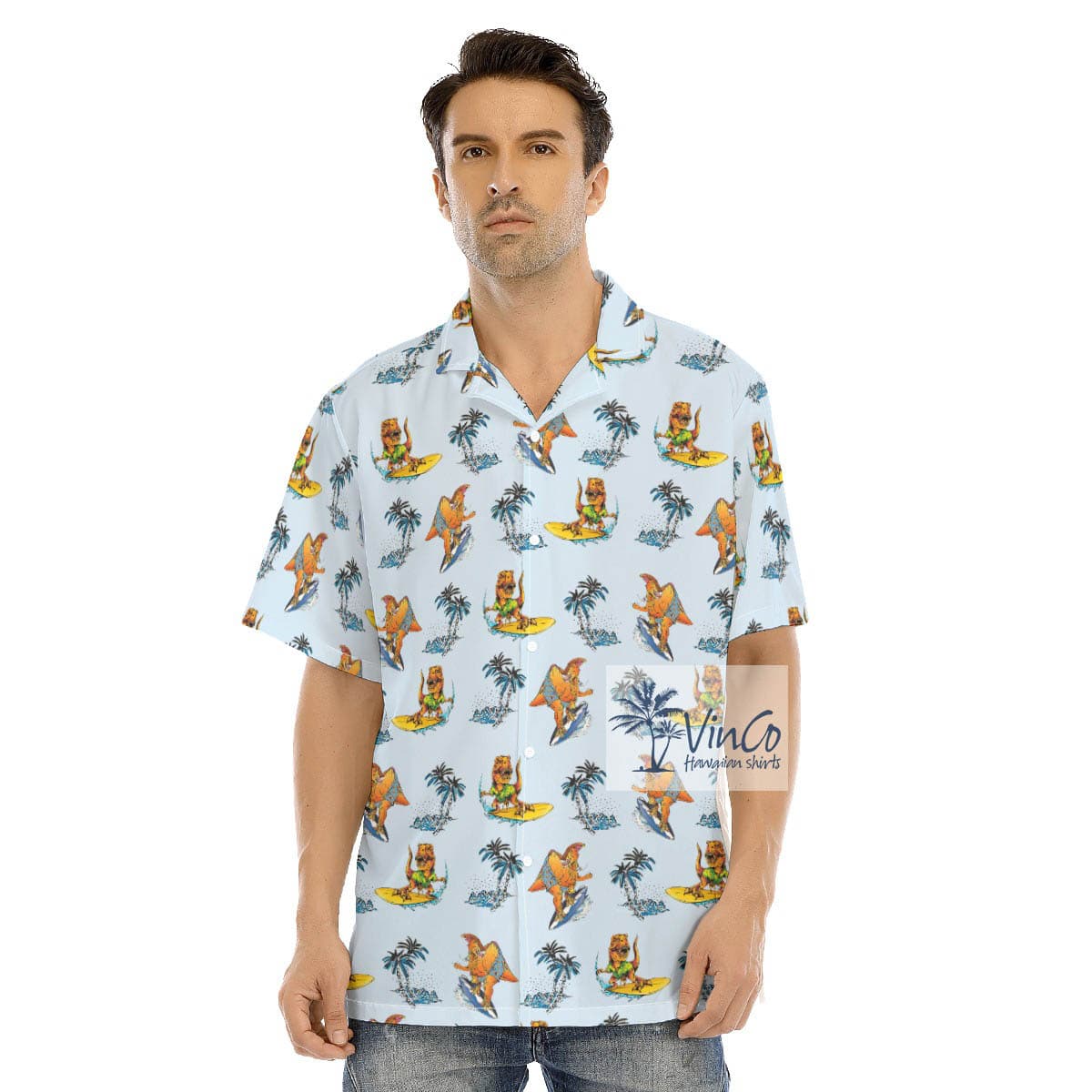 Funny Tropical Dinosaur Surfing Hawaiian Shirt (2)