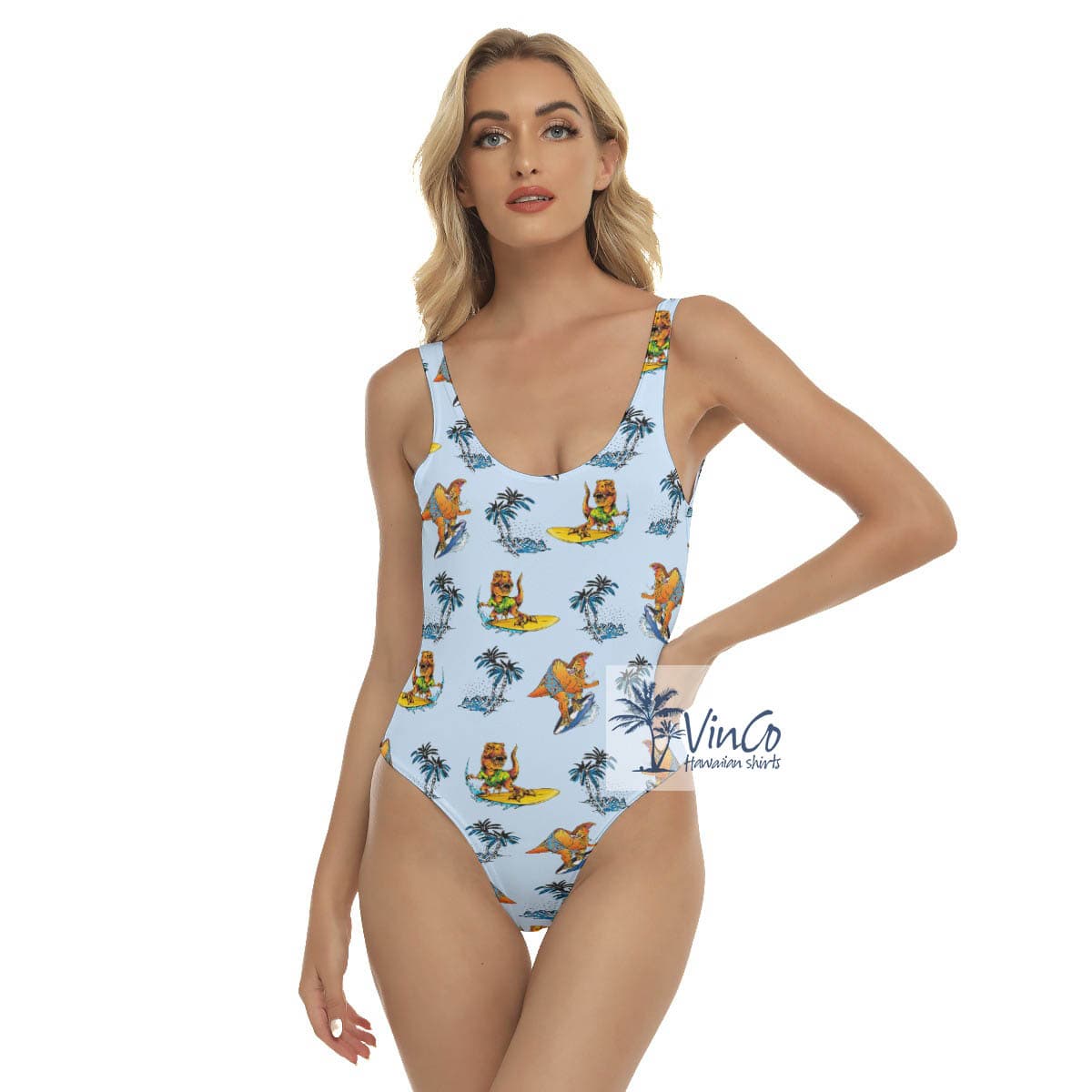 Funny Tropical Dinosaur Surfing Palm Tree Hawaiian Swimsuit