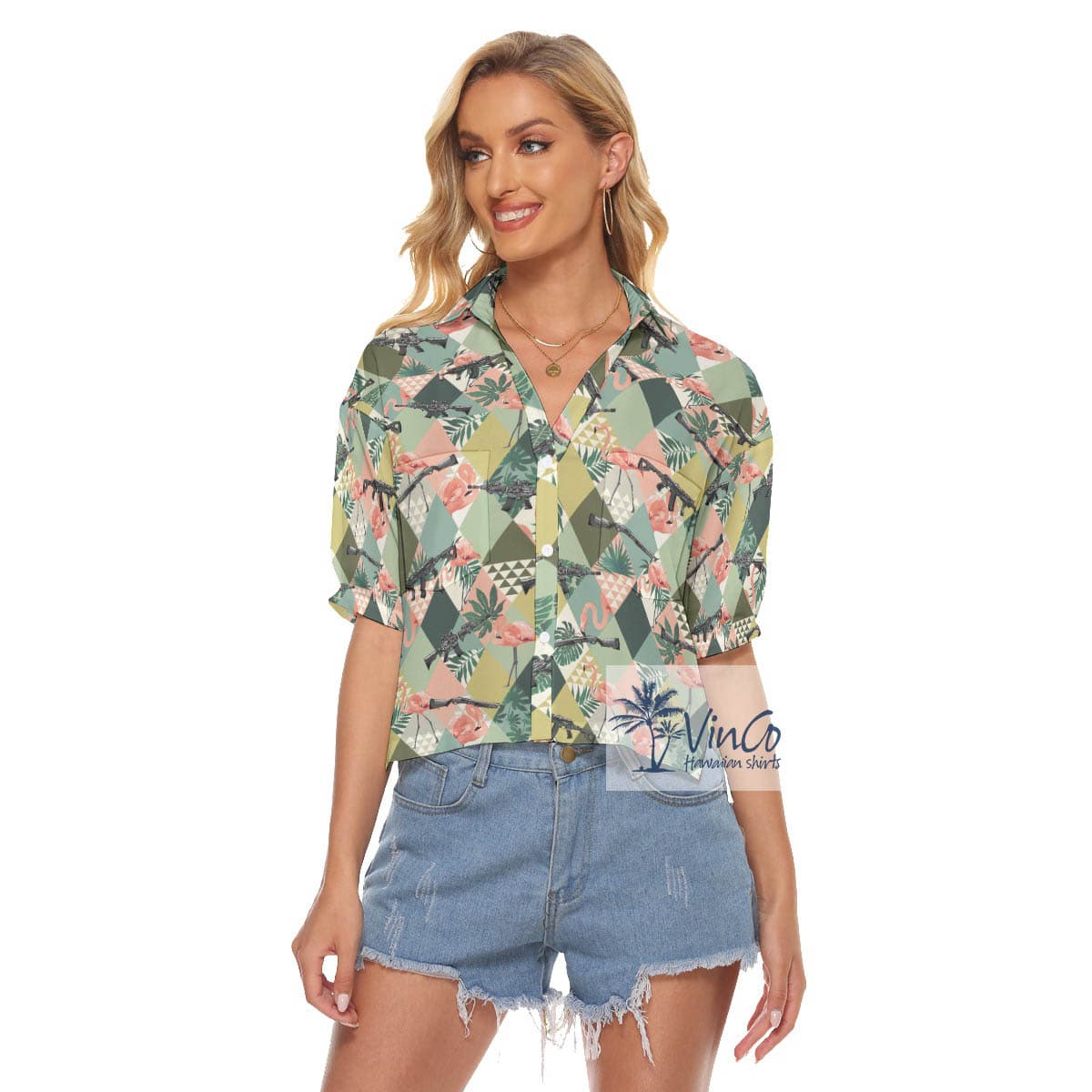 Funny Tropical Flamingo Gun Hawaiian Crop Top Shirt