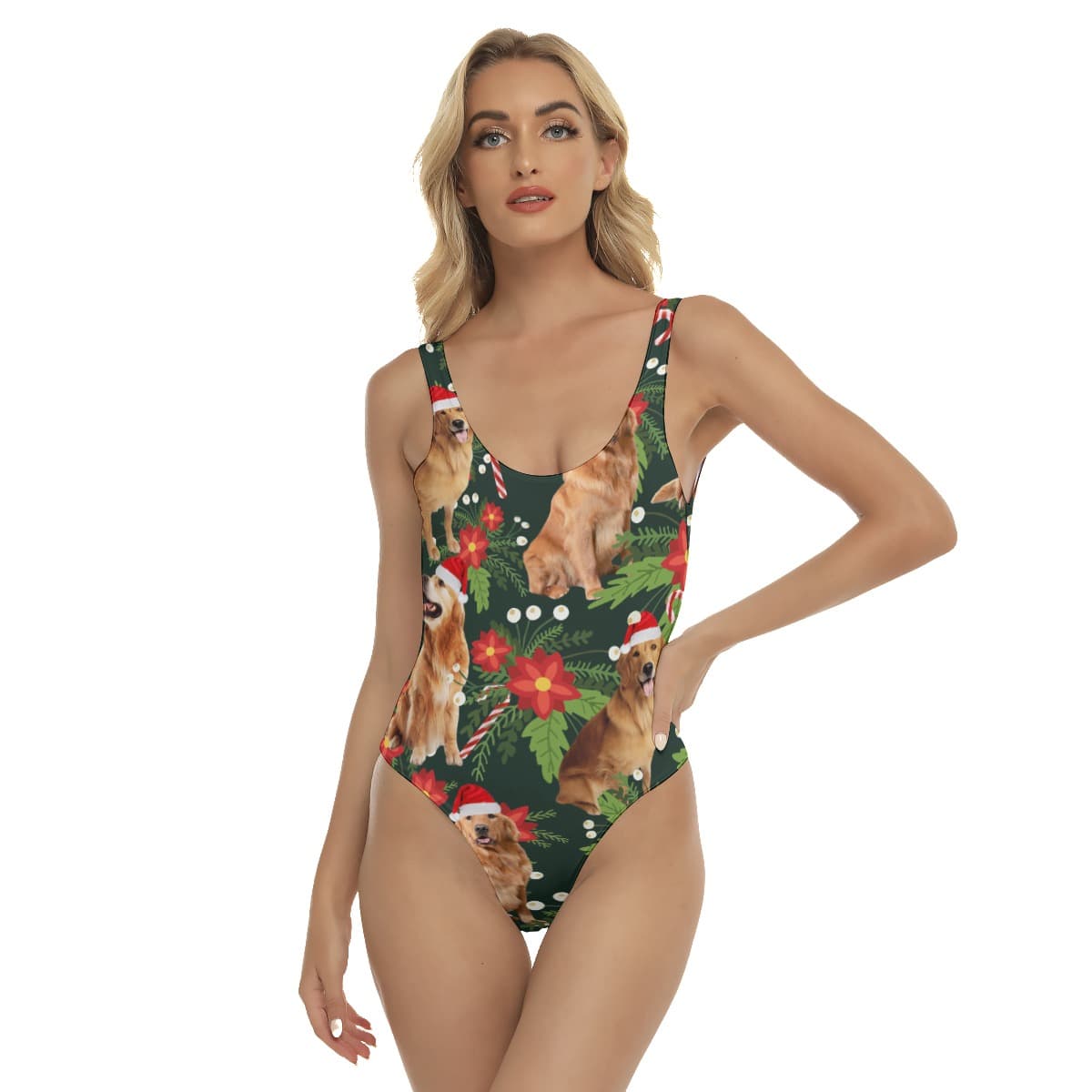 Funny Tropical Golden Retrieve Christmas Hawaiian Swimsuit For Women (4)