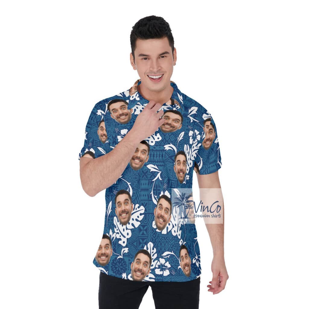 Funny Vintage Navy Hawaiian Polo Shirt With Custom Face
