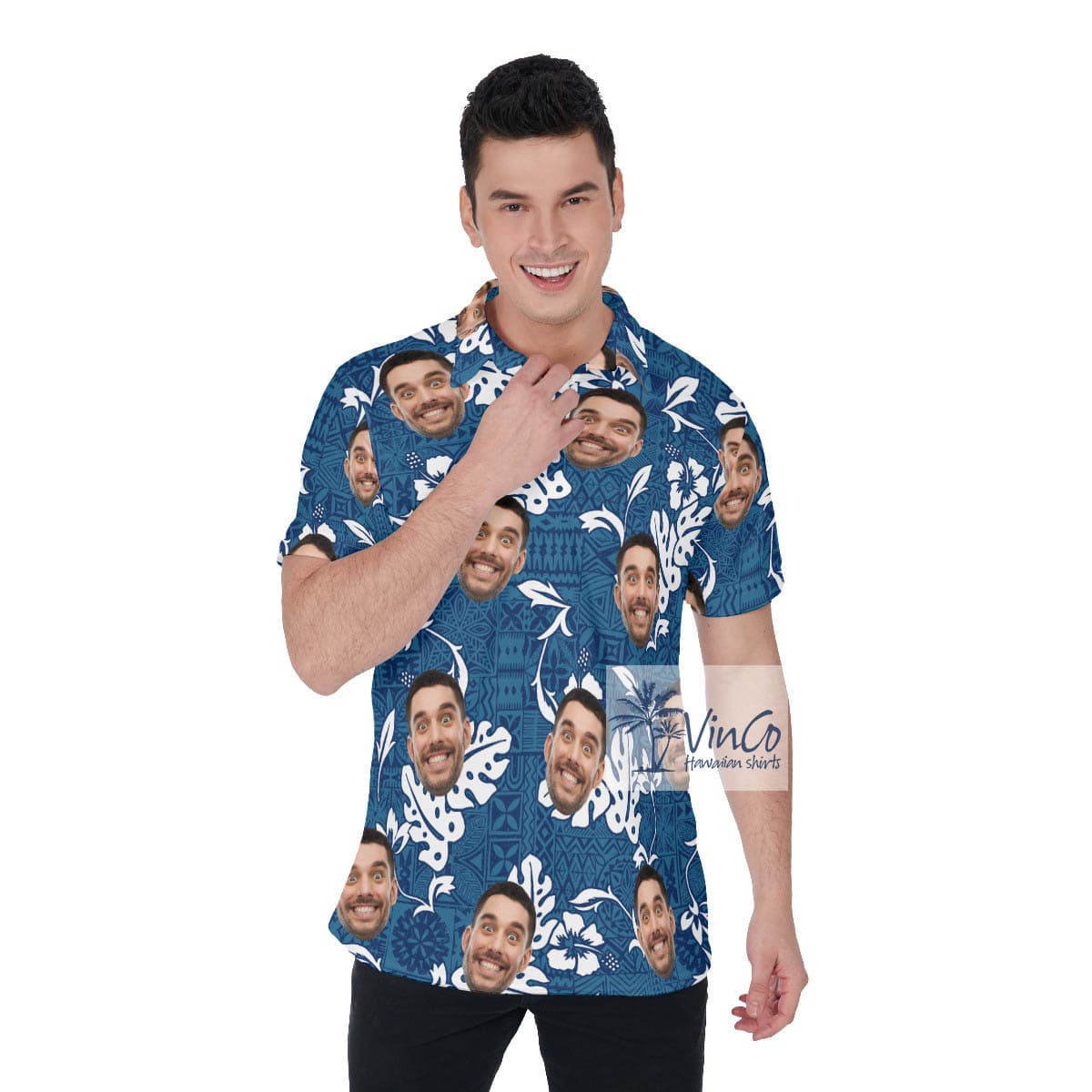 Funny Vintage Navy Hawaiian Polo Shirt With Custom Face