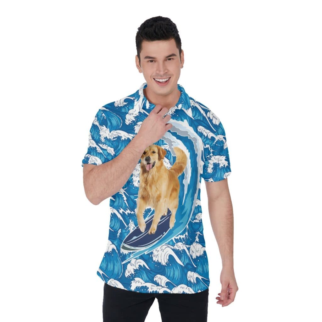 Golden Retriever Surfing Hawaiian Polo Golf Shirt (1)