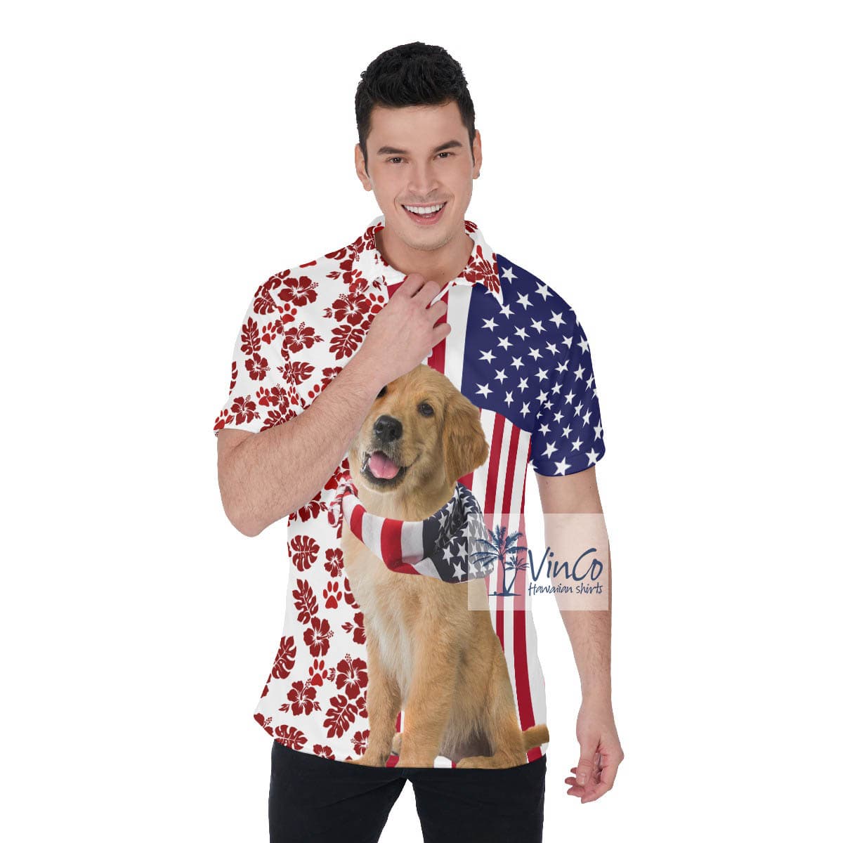 Golden Retrievers American Patriotic Hawaiian Golf Shirt For Men (2)