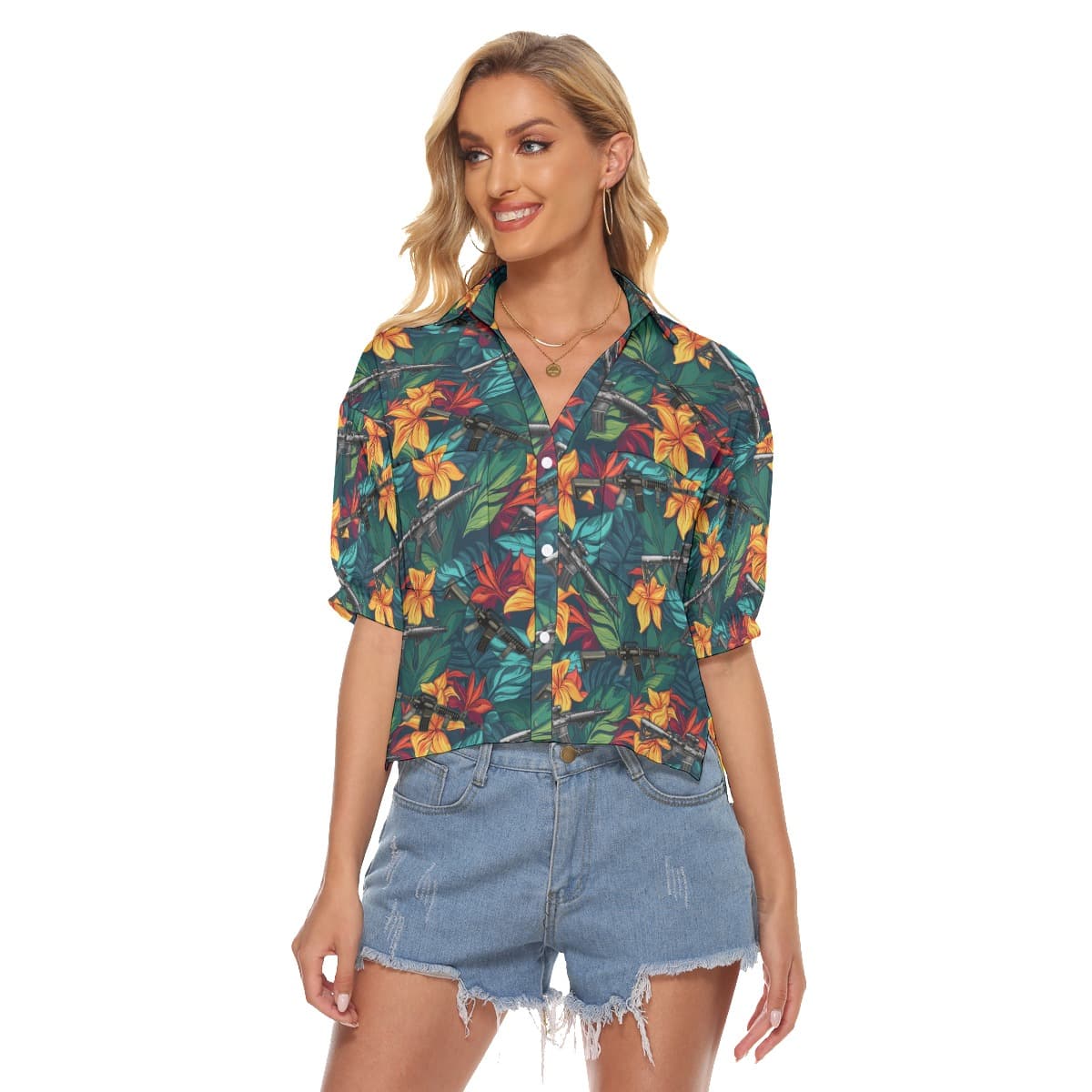 Gun Tropical Hibiscus Hawaiian Crop Top Shirt For Women