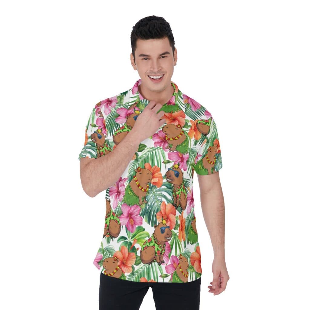 Hawaiian Capybara Floral Hawaiian Polo Shirt