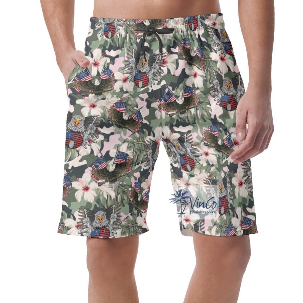Hibiscus American Eagle Gun Military Hawaiian Beach Shorts For Men