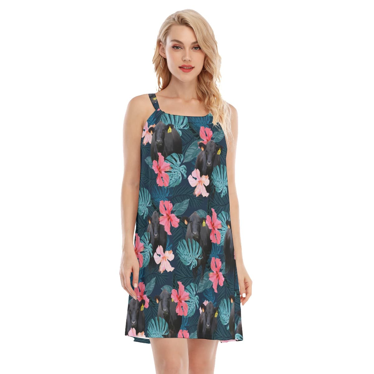 Hibiscus Black Angus Cow Aloha Cami Dresses For Women (4)