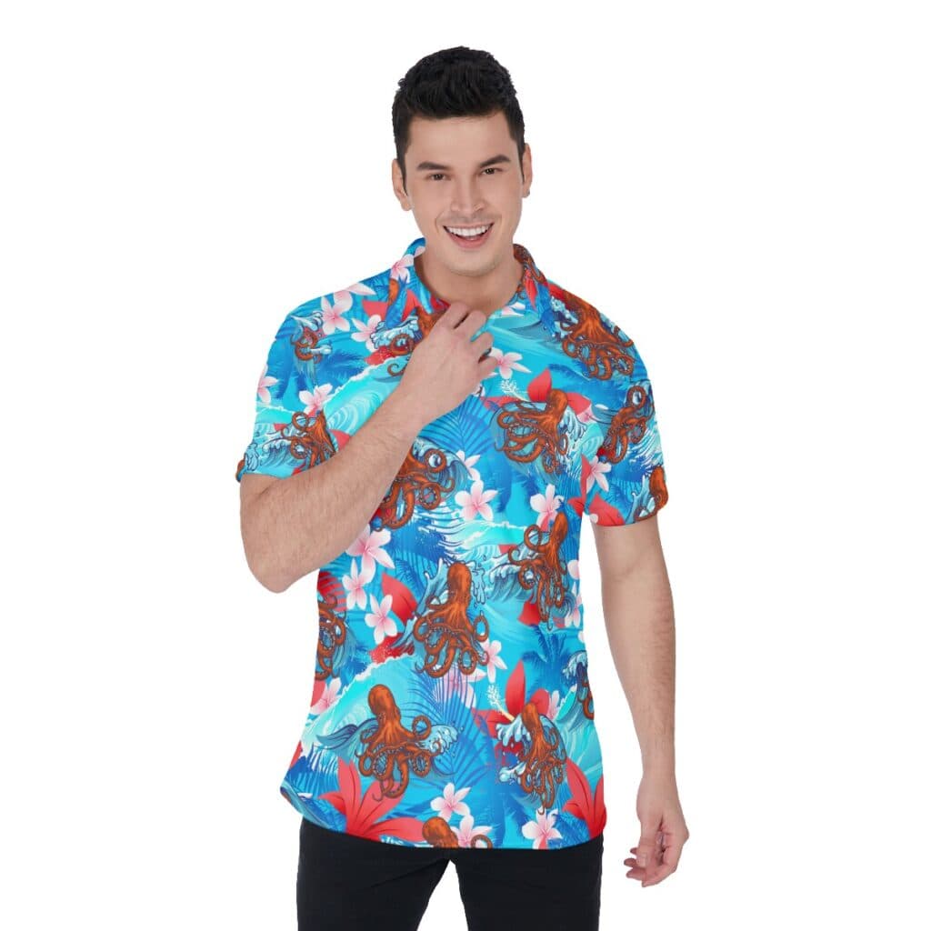 Hibiscus Blue Octopus Hawaiian Polo Shirt