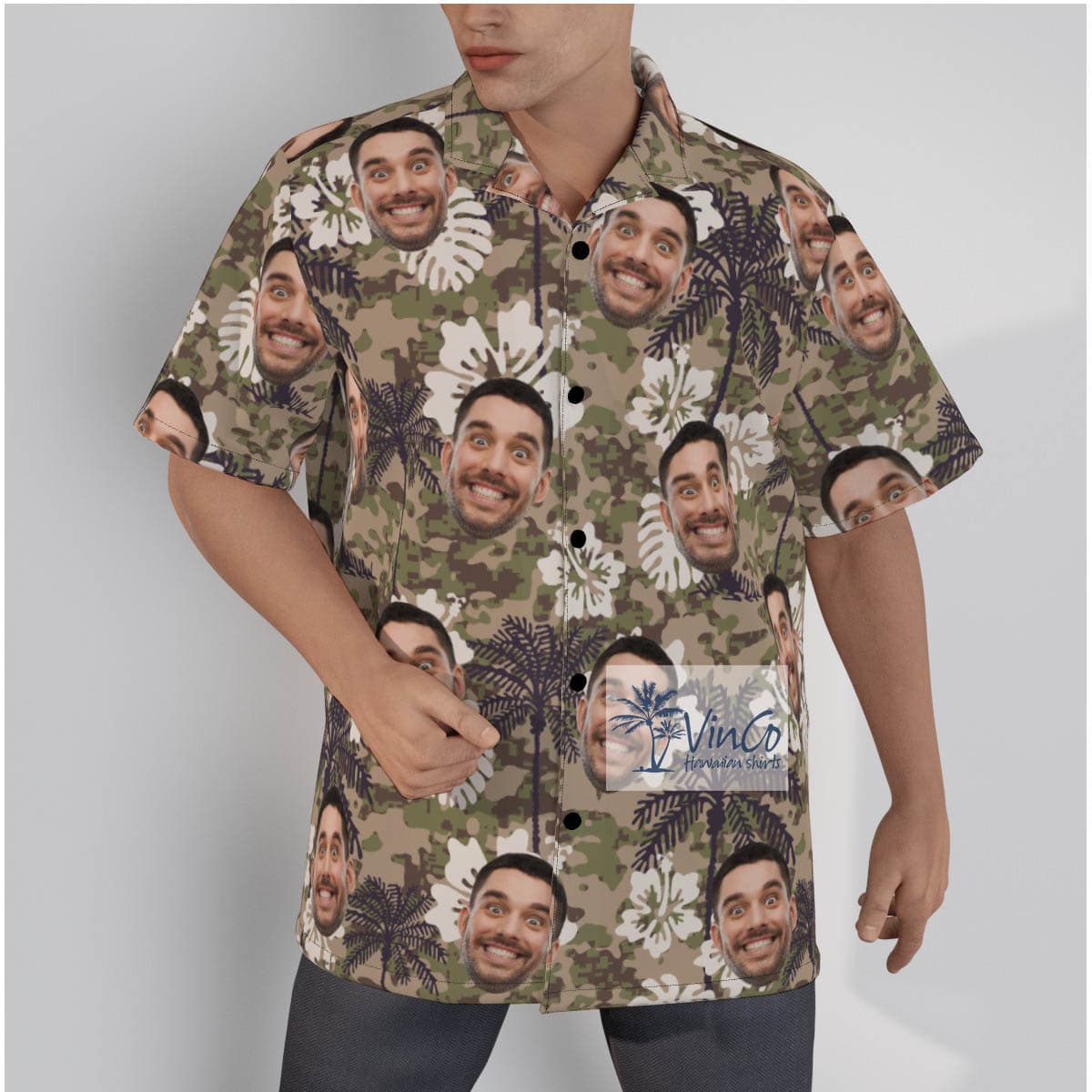 Hibiscus Palm Tree Camouflage Custom Face Hawaiian Shirt