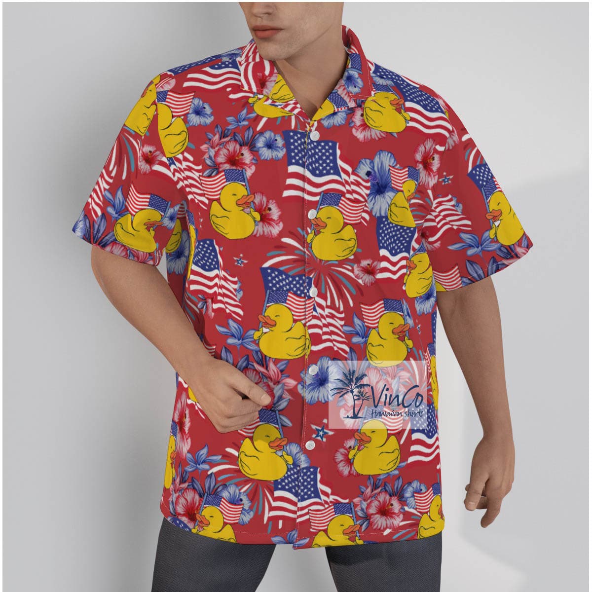 Hibiscus Rubber Duck American Flag Hawaiian Shirt For Men (2)