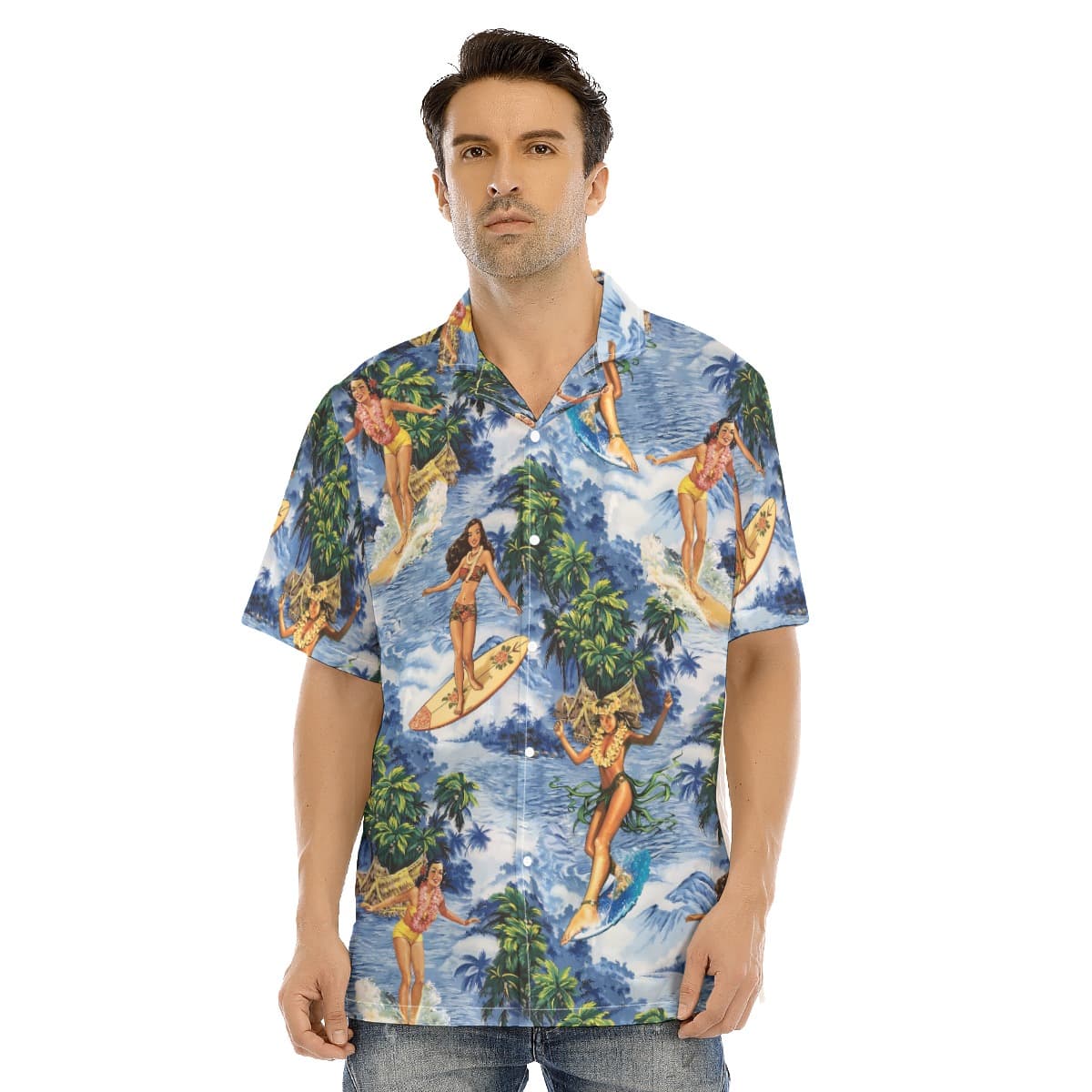 Hula Girl Surfing Tropical Classic Hawaiian Shirt