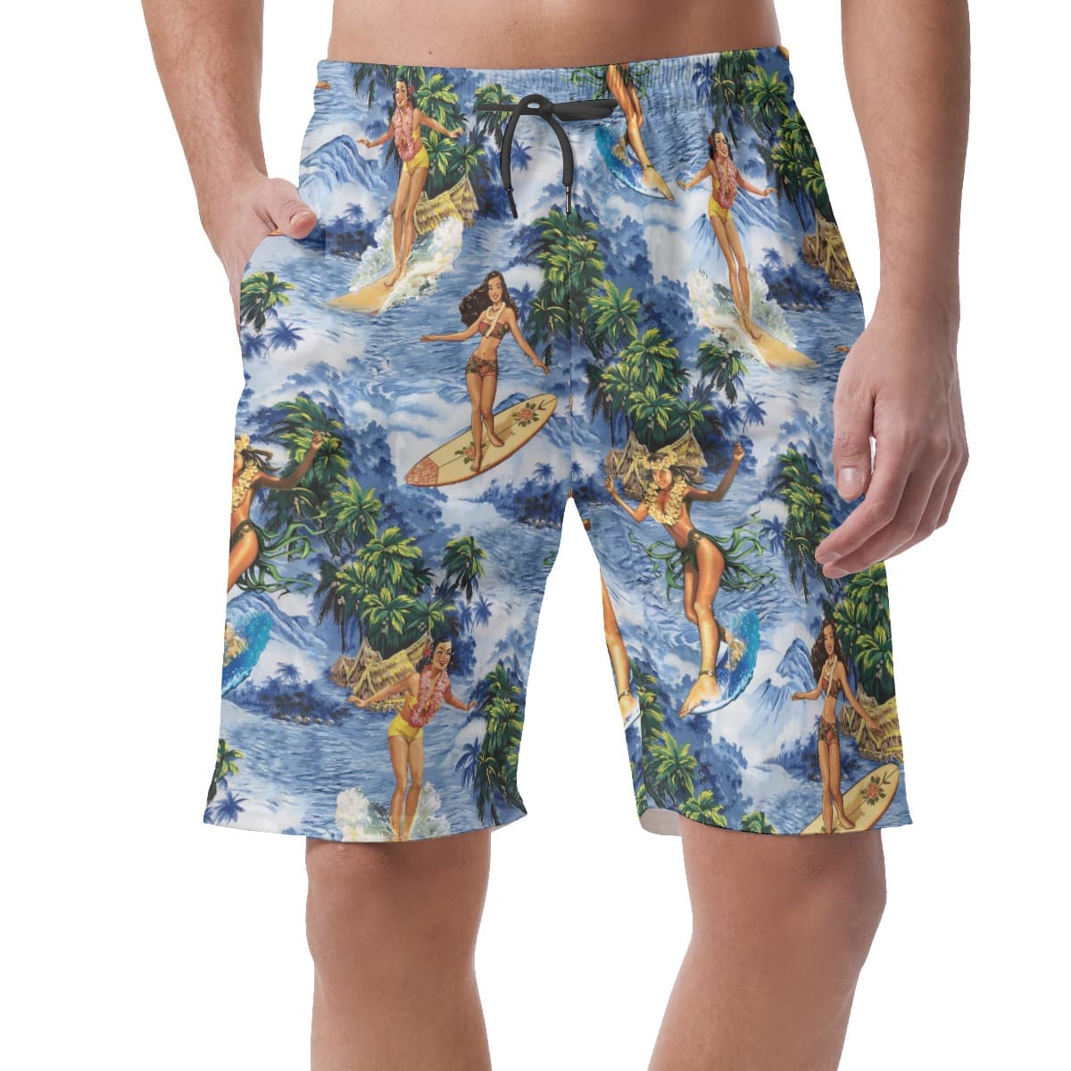 Hula Girl Surfing Vintage Hawaiian Beach Shorts For Men