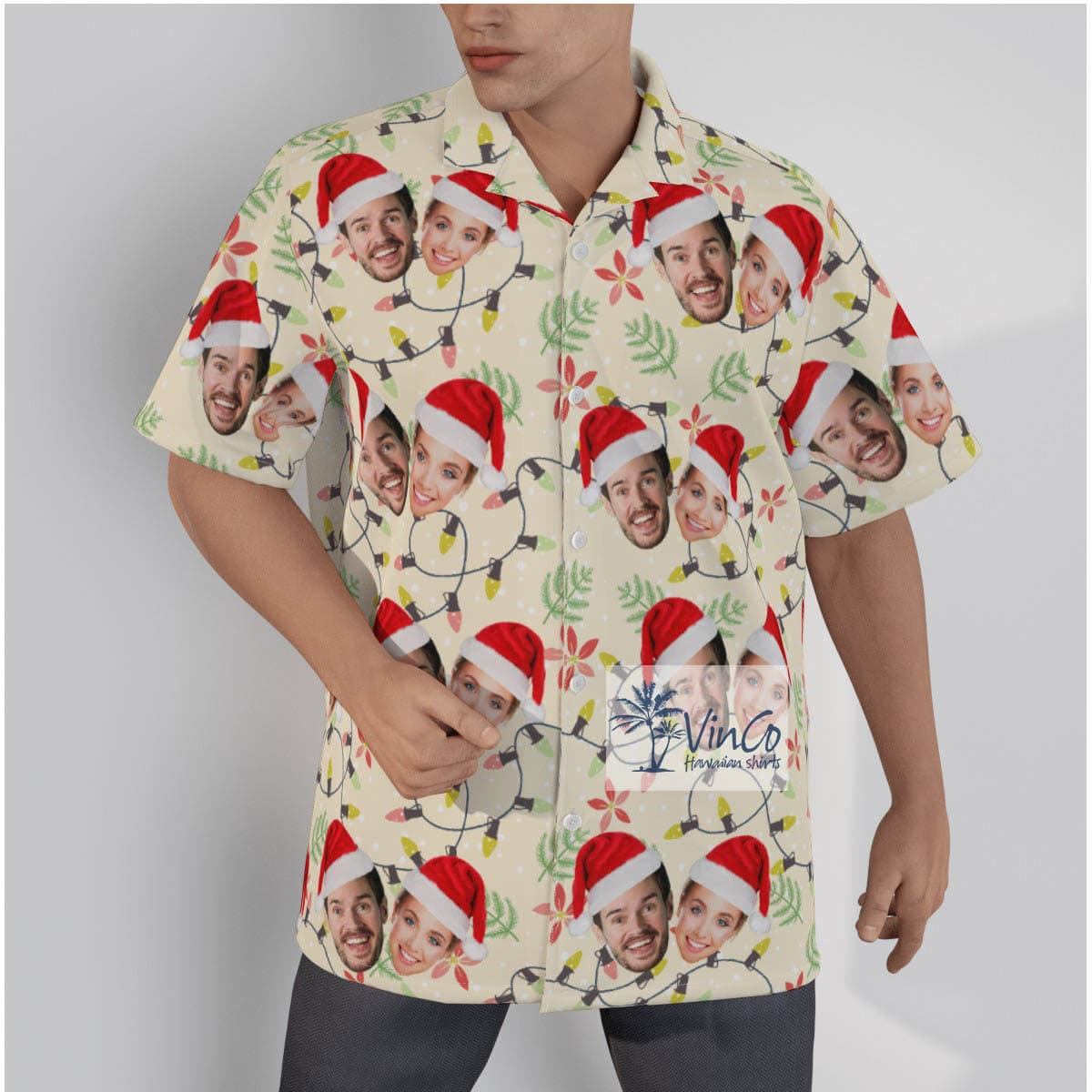 Matching Custom Couple Faces Hawaiian Christmas Shirt (2)