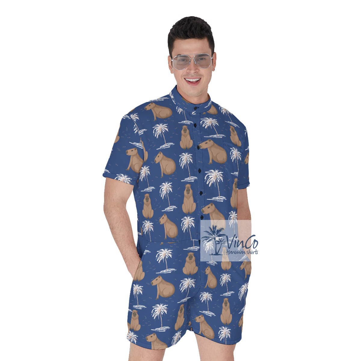 Men’s Capybara Print Hawaiian Romper For Summer (2)
