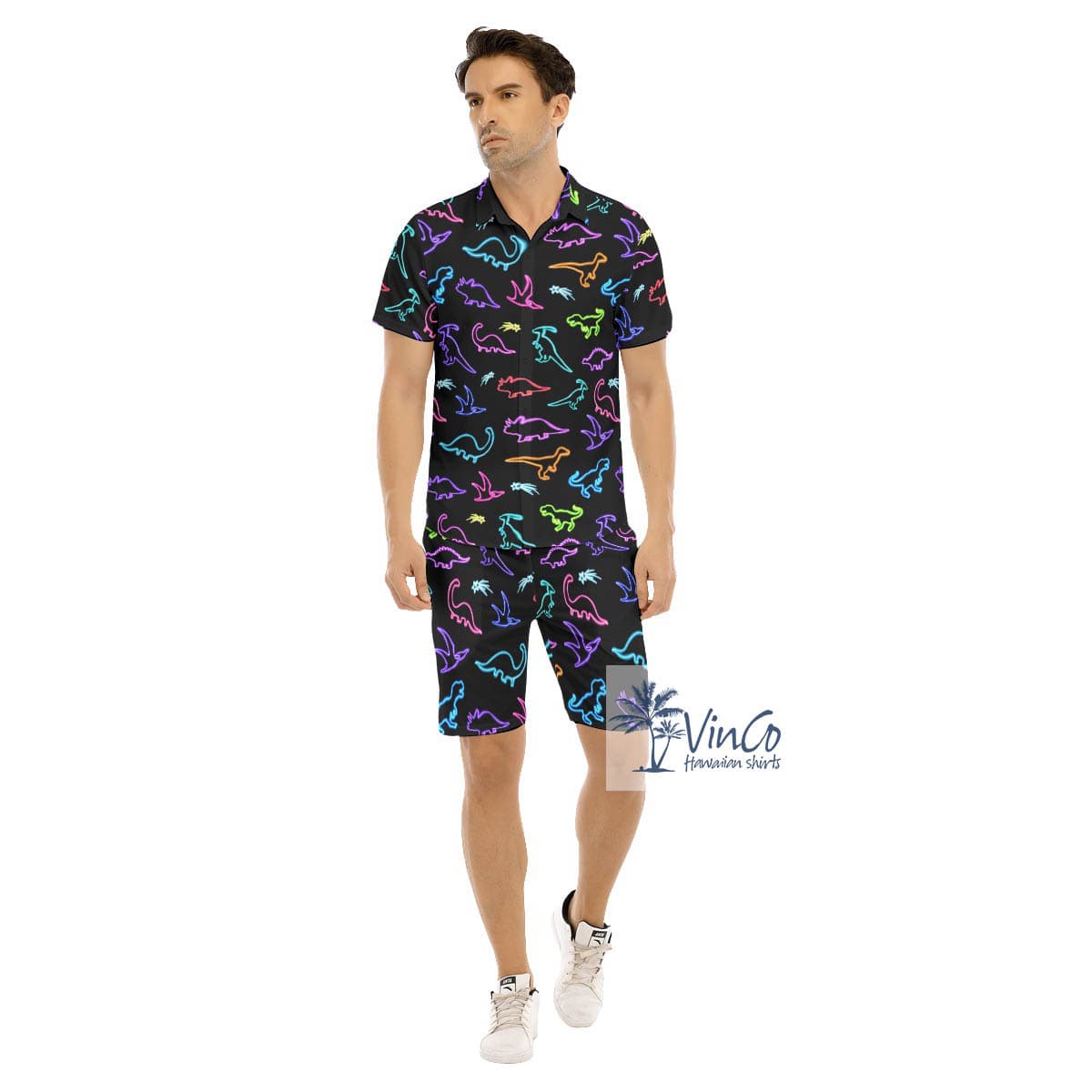 Neon Dinosaur Hawaiian Button Up Shirt And Shorts For Men (2)