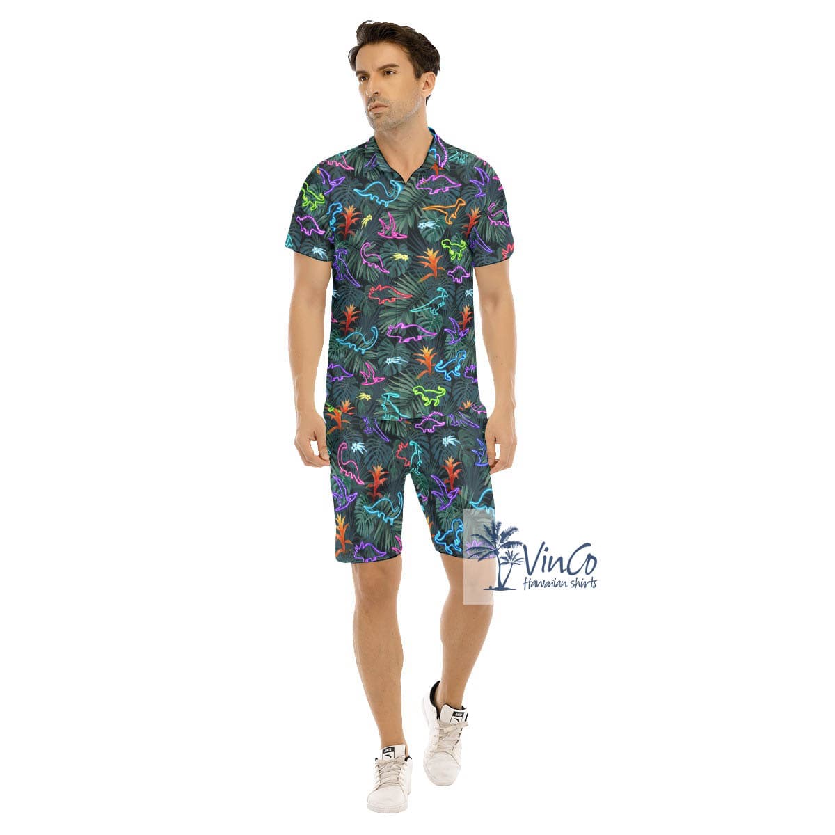 Neon Dinosaur Tropical Button Shirt Shorts For Men (3)