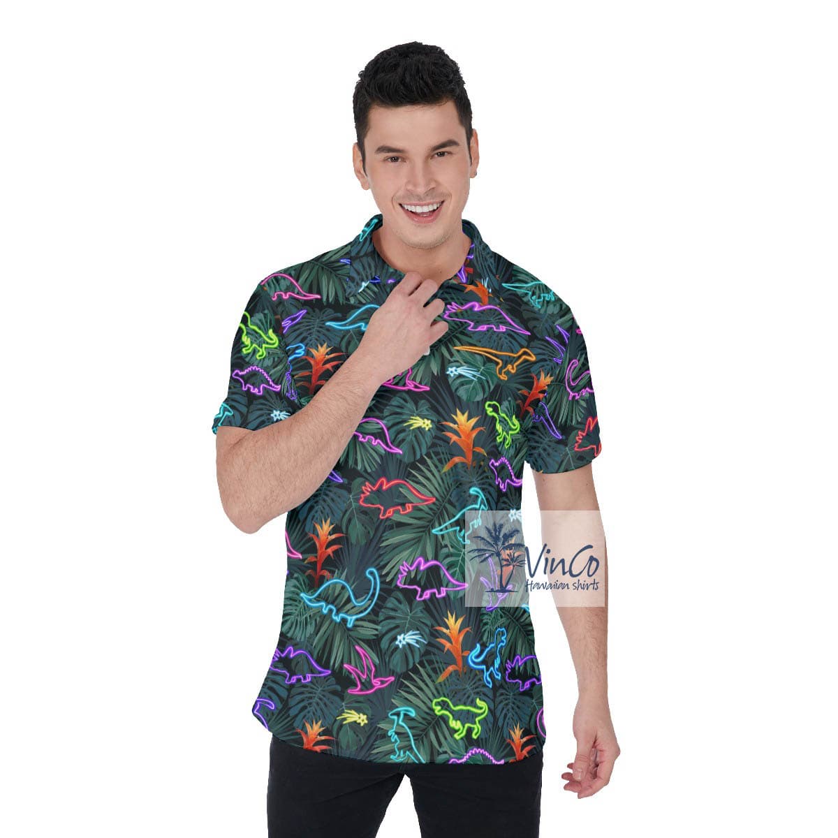 Neon Dinosaur Tropical Hawaiian Golf Shirt Polo (2)