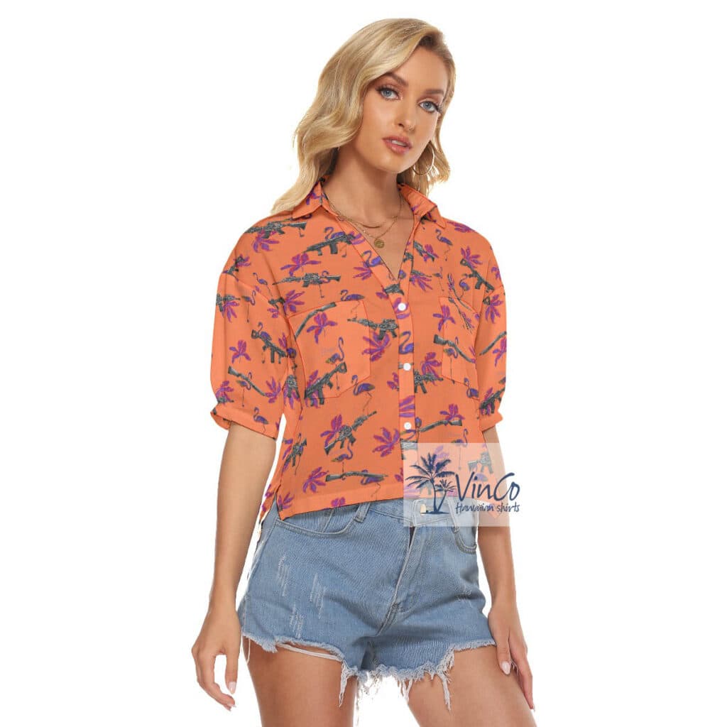 Orange Flamingo Gun Aloha Crop Top Shirt For Women