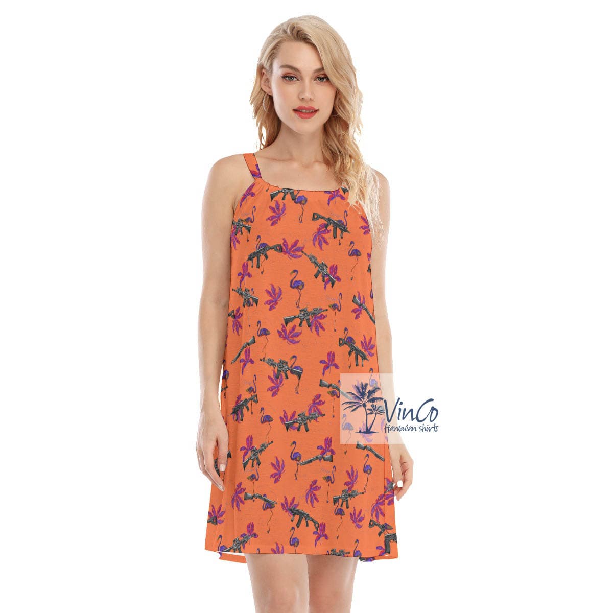 Orange Flamingo With Long Gun Hawaiian Cami Dresses For Women (3)