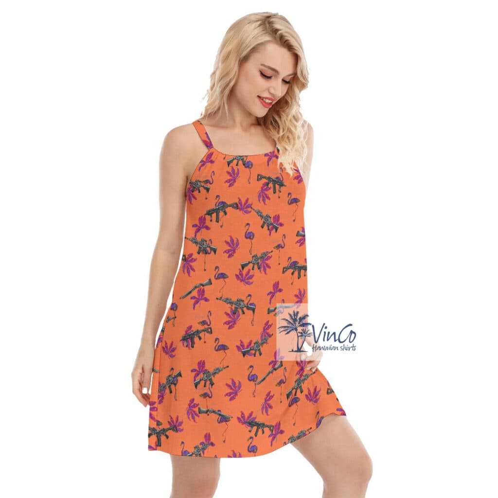 Orange Flamingo With Long Gun Hawaiian Cami Dresses For Women