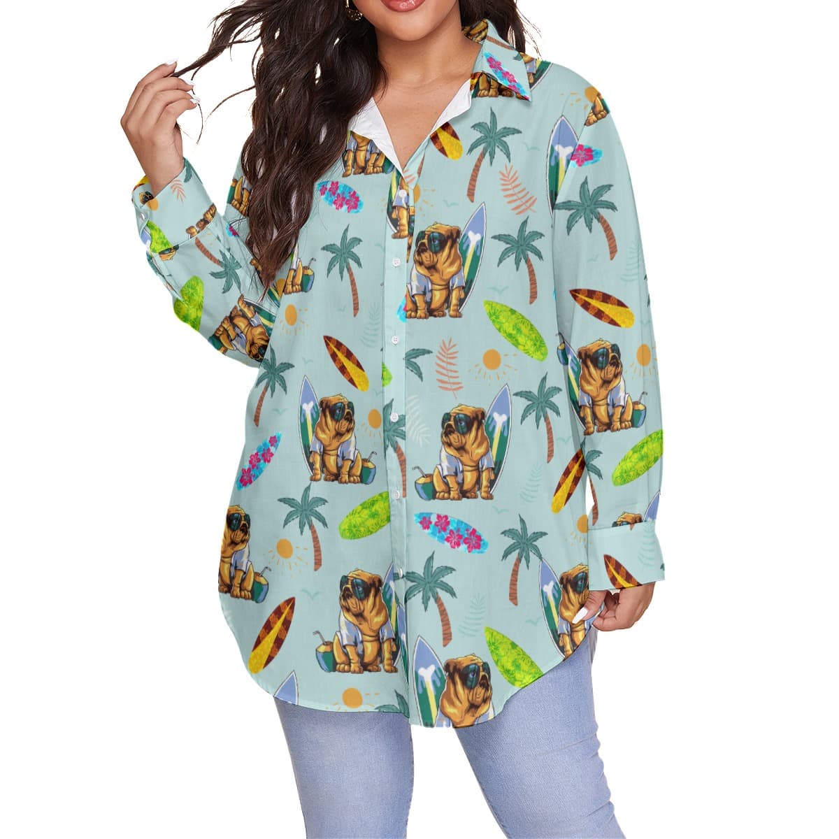 Palm Tree Bulldog Surfing Hawaiian Plus Size Shirt For Women