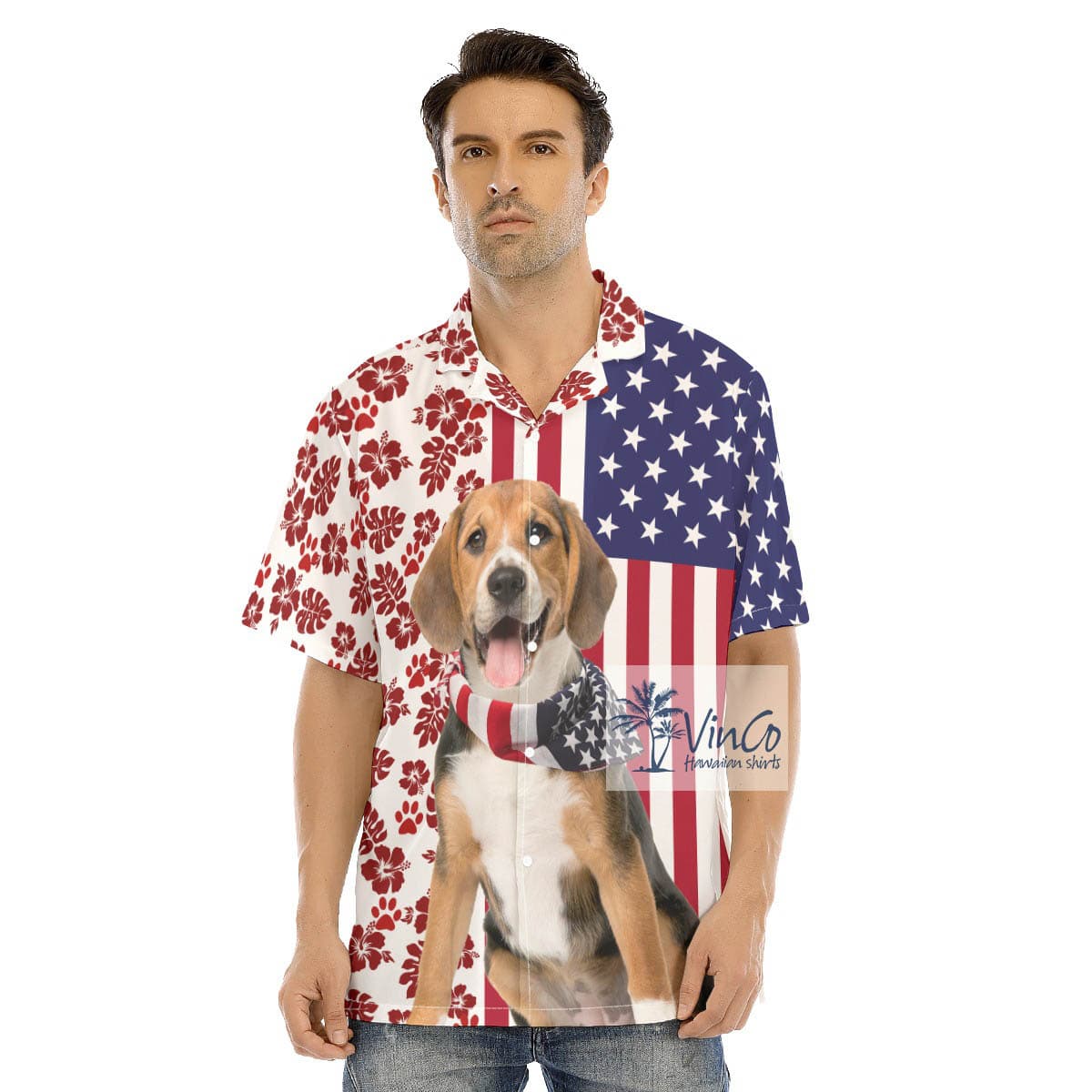 Patriotic Beagles Dog Hawaiian Button Up Shirt For Men (2)