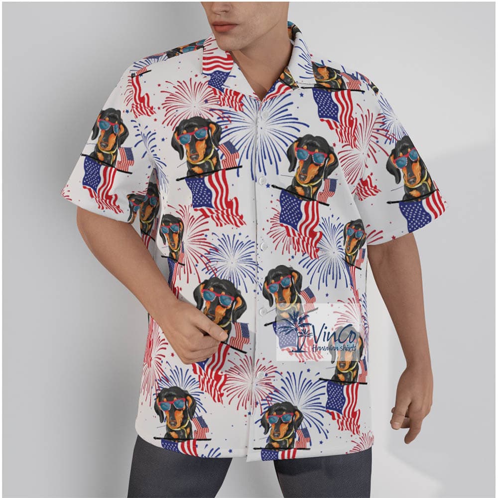 Patriotic Dachshund American Flag Button Up Men’s Hawaiian Shirt (2)