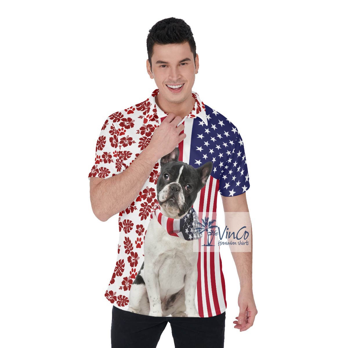 Patriotic French Bulldog American Hawaiian Polo Golf Shirt For Men (2)