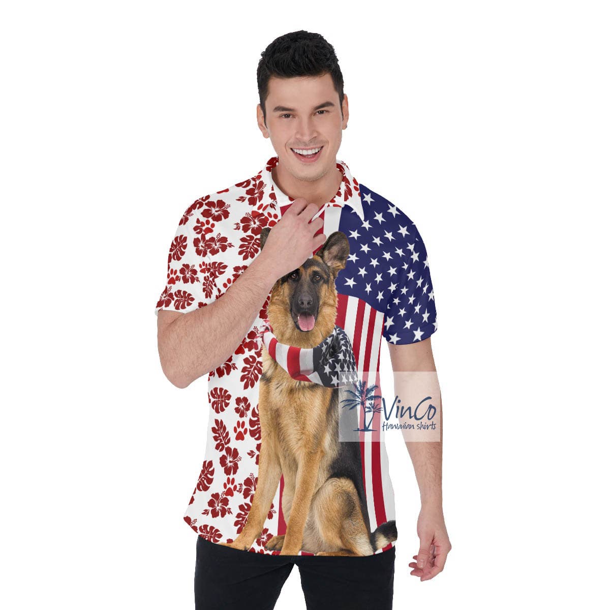 Patriotic German Shepherd Dogs American Flag Hawaiian Polo Shirt For Men (2)