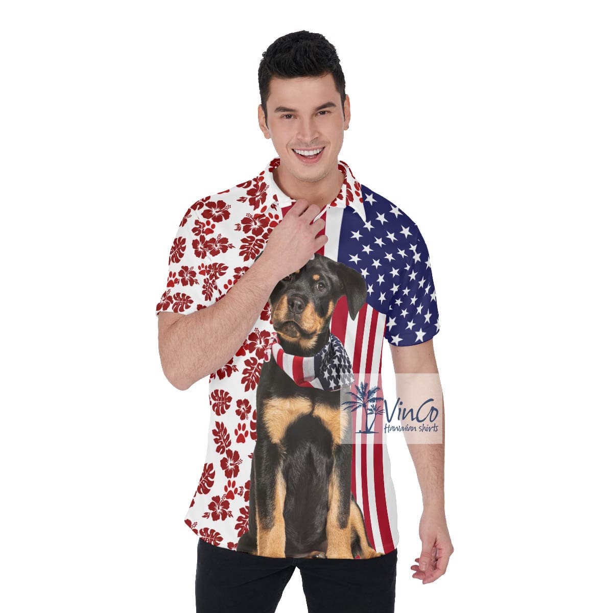 Patriotic Rottweiler American Flag Pattern Polo Golf Shirt For Men (2)