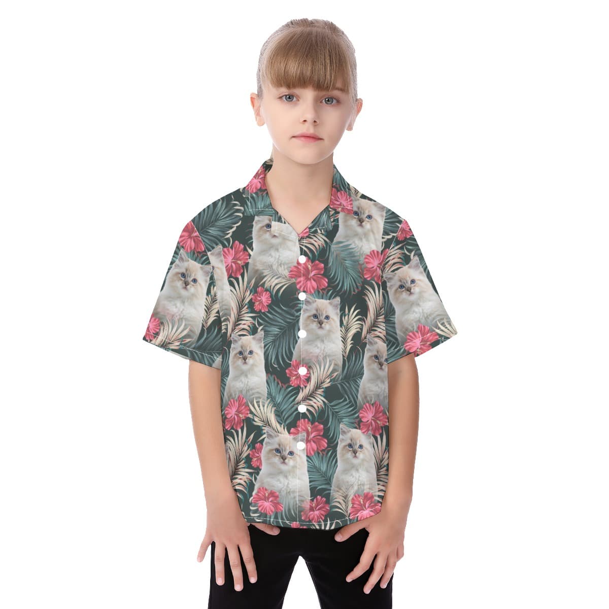 Personalized Cat Face Hawaiian Button Up Shirt For Kids (1)